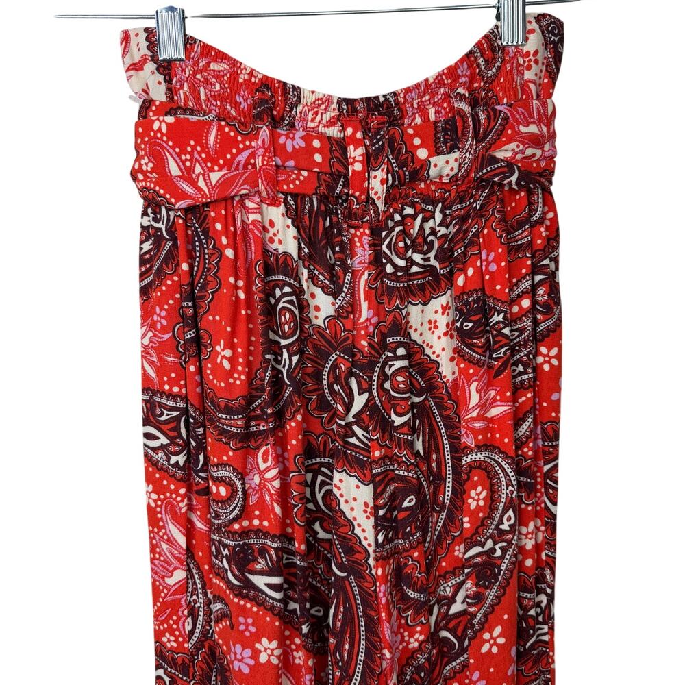 Free People Double Trouble Tiger Lily Combo Red Paisley Boho Tie Wide Leg Pants - Picture 7 of 9